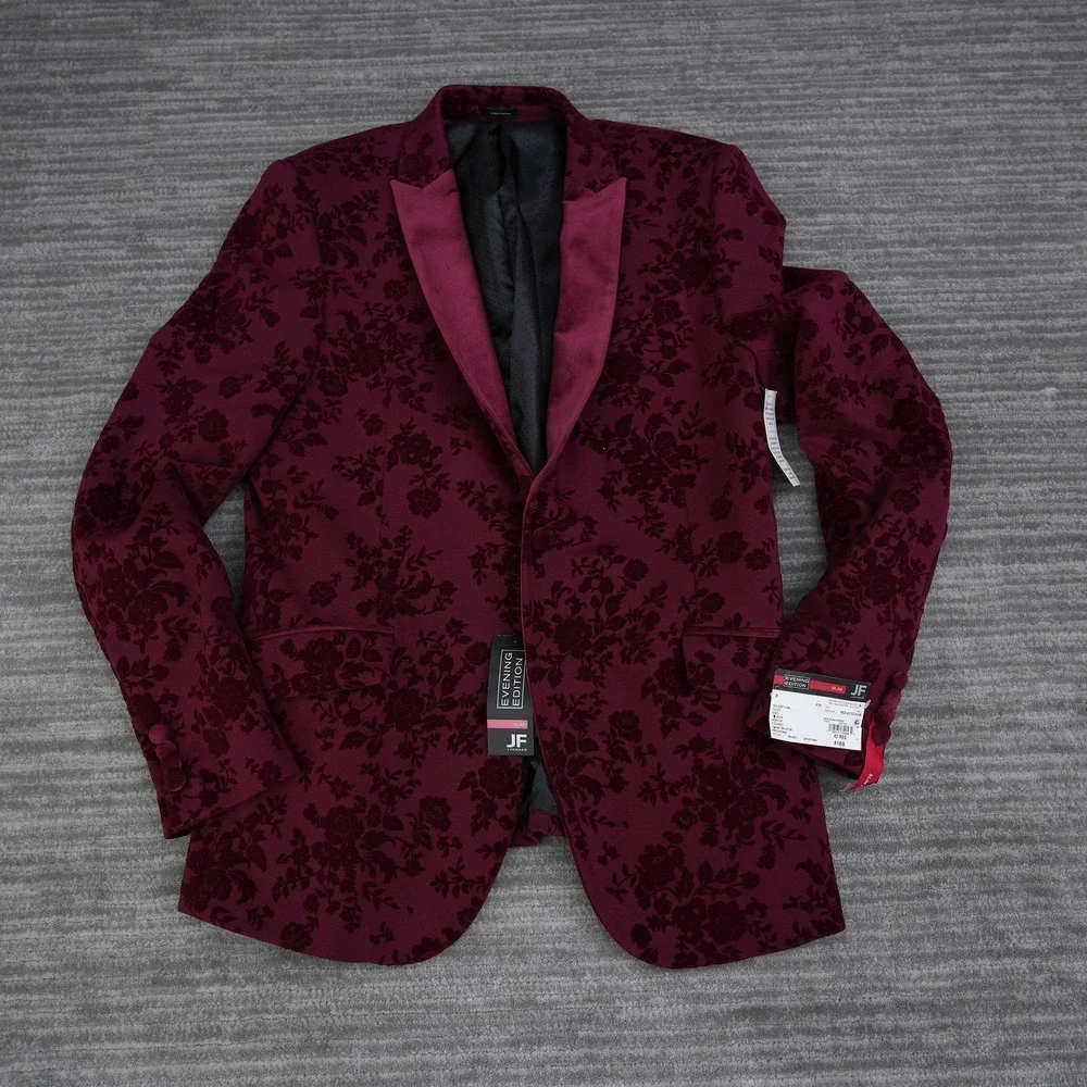 JF J. Ferrar Men Slim Fit Evening Edition Burgundy Floral Velvet Blazer  42R New